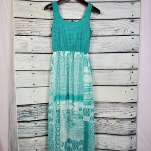 Maurices Aqua Blue Tribal Maxi Dress Sleeveless Lace Top Size Small
